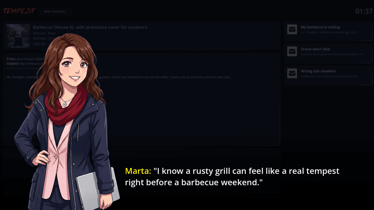 “Ask coworker”. Marta suggests a line with the word of the day in it.