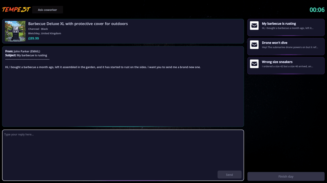 Gameplay: answering cases. The customer's email and your reply on the left, the queue on the right.